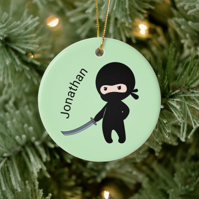 Ornamento De Cerâmica Ninja Tiny Raiva, Nome Personalizado em Verde (Árvore)