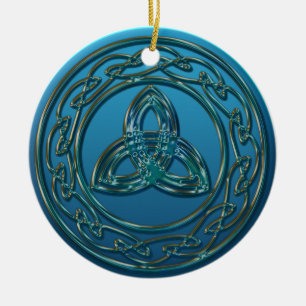 Ornamento De Cerâmica Nó celta da trindade do metal antigo no verde azu