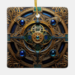 Ornamento De Cerâmica Nó Celular Dourado Cabeçalho Azul