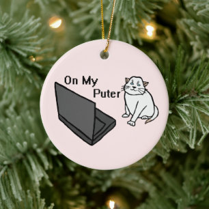 Ornamento De Cerâmica No Meu Computador Engraçado Meme de Gato Branco