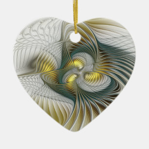 Ornamento De Cerâmica Nobre Ouro Teal Fantasy Fractal Heart