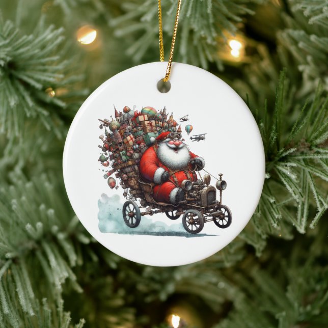 Ornamento De Cerâmica Noel Divertido em um velho Kart Personalizado (Árvore)