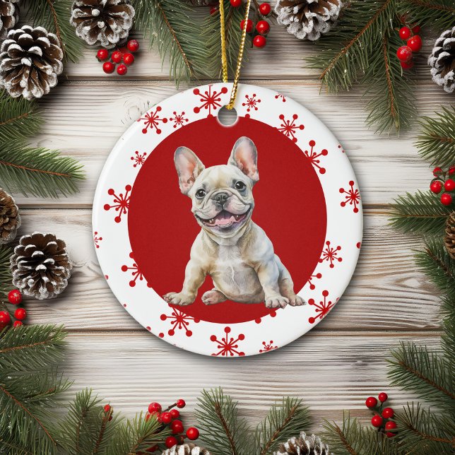 Ornamento De Cerâmica Noise Joyful French Bulldog Red Snowflake Foliday (Criador carregado)