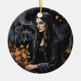 Ornamento De Cerâmica Noite Abençoada de Samhain Halloween Outono Bruxa