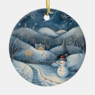 Ornamento De Cerâmica Noite de Inverno com Boneco de Neve Texto Azul Fel