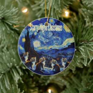 Ornamento De Cerâmica Noite Estrelada de Natal Van Gogh Amante de Gatos