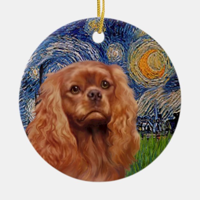Ornamento De Cerâmica Noite Estrelada - Ruby Cavalier King Charles (Frente)