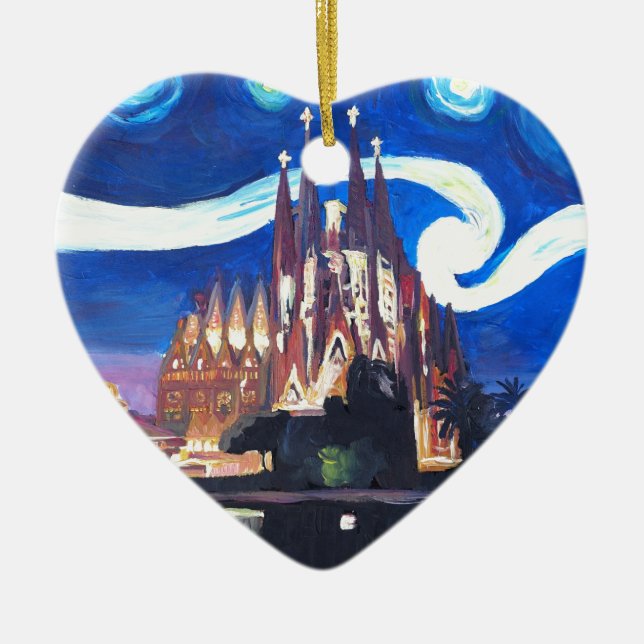 Ornamento De Cerâmica Noites estrelados em Sagrada Familia em Barcelona (Frente)