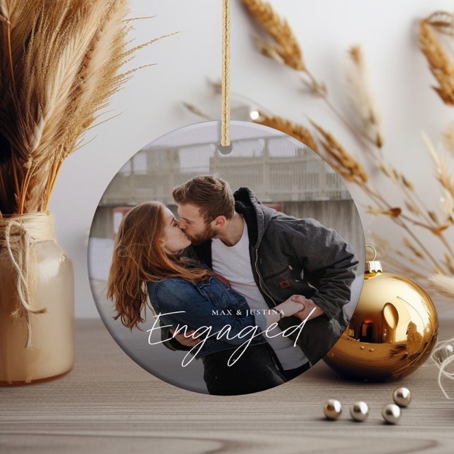 Ornamento De Cerâmica Noivado de Casamento de Foto Simples Envolvido 2 (Modern script engaged couples 2 photo wedding engagement christmas tree holiday ornament.)
