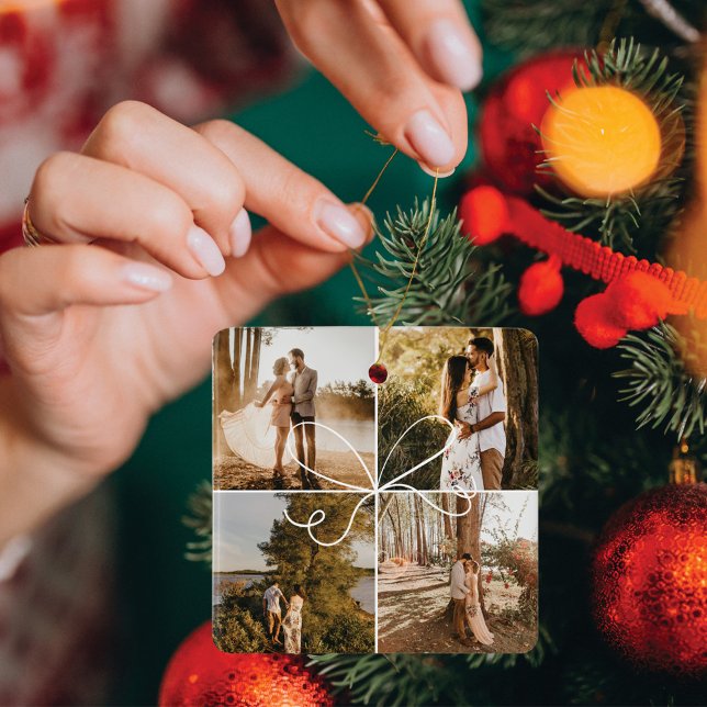 Ornamento De Cerâmica Noivado de Colagem de Fotos do Parcelo de Entrega  (Special Delivery Parcel 4 Photo Collage Engagement Ceramic Ornament)