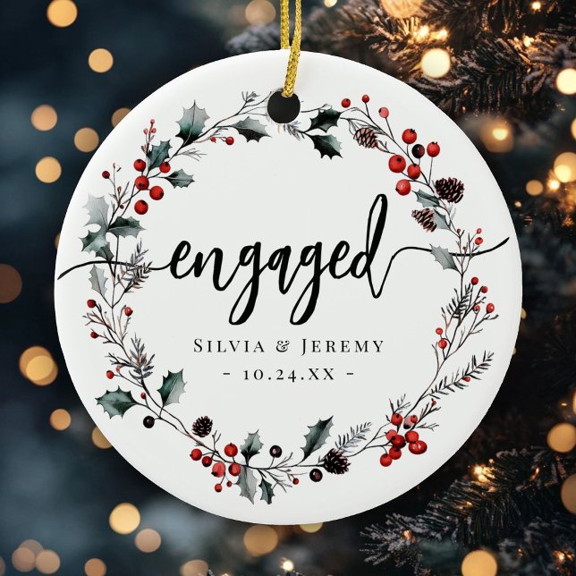 Ornamento De Cerâmica Noivado Moderno Primeiro Natal Mistletoy Wreath (Criador carregado)