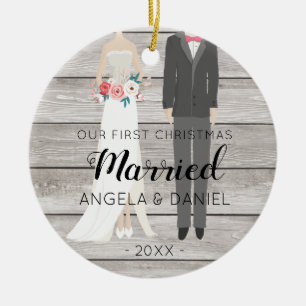 Ornamento De Cerâmica Noivos do Natal da madeira primeiros