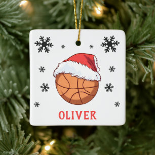 Ornamento De Cerâmica Nome Bola de Basquetebol Chapéu do Papai Noel Floc