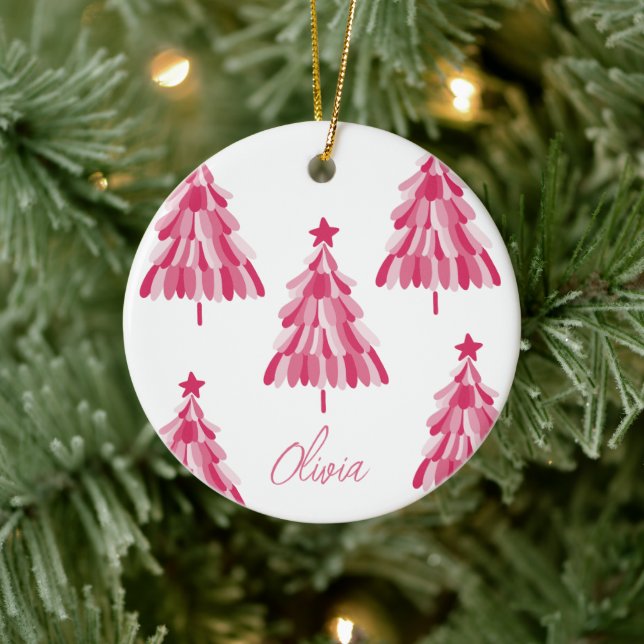 Ornamento De Cerâmica Nome da Árvore de Natal Rosa Personalizada (Árvore)