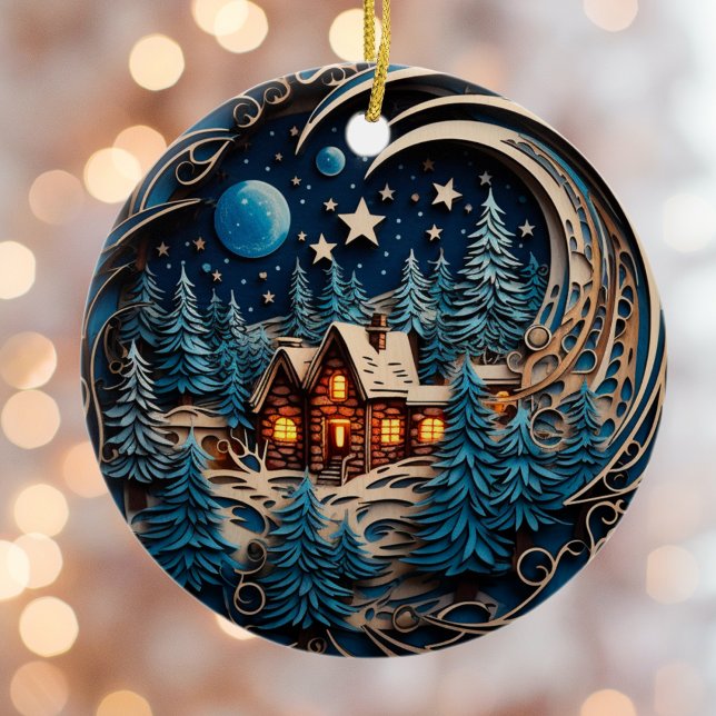 Ornamento De Cerâmica Nome da Família Cabin Rustic Forest Personalizado (Criador carregado)