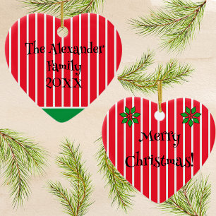 Ornamento De Cerâmica Nome da família e ano em faixas vermelhas e branca