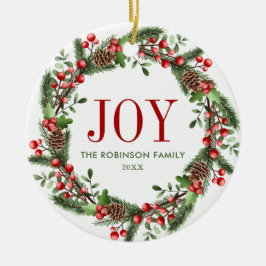 Ornamento De Cerâmica Nome da família Joy Wreath de Natal