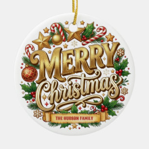 Ornamento De Cerâmica Nome da Família Natal Feliz Retro Dourado