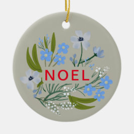 Ornamento De Cerâmica Nome da família NOEL Azul, floral vermelho