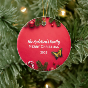 Ornamento De Cerâmica Nome da família personalizada com borboleta