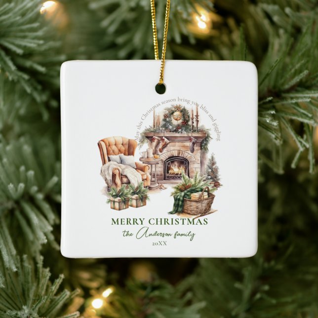 Ornamento De Cerâmica Nome da família personalizada Cozy Christmas (Árvore)