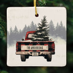 Ornamento De Cerâmica Nome da Família Personalizada de Caminhão de Natal<br><div class="desc">Passe os corredores com nosso ornamento de caminhonete vermelho de xadrez vermelha. Personalizado com seu nome familiar,  é o toque festivo perfeito para adicionar charme e nostalgia à sua árvore de festas nesta temporada.</div>