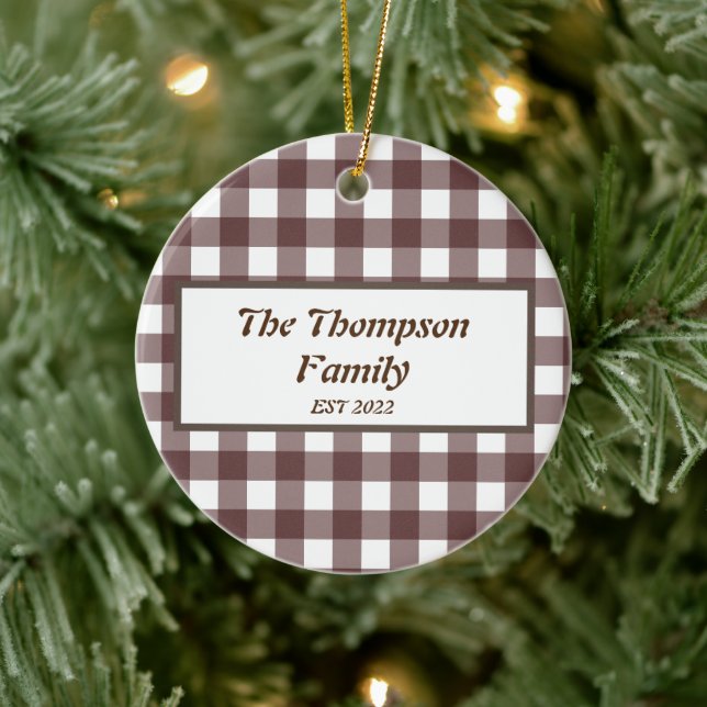 Ornamento De Cerâmica Nome da Família Personalizada de Xadrez Roxo Cujo  (Árvore)