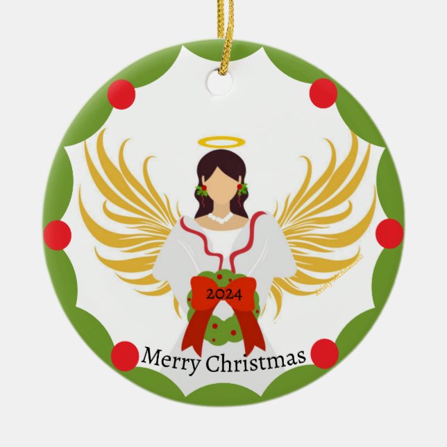Ornamento De Cerâmica Nome da Foto da Família Wreath Verde do Angel Red  (Frente)