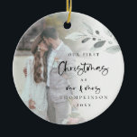 Ornamento De Cerâmica Nome da Fotografia do Script de Natal Casado Prime<br><div class="desc">Primeiro Ano de Foto do Script de Natal Casado. Um amor romântico para celebrar a época especial do seu primeiro Natal como Sr. e Sra. e lembrança nas próximas férias. A tipografia para o Natal e o Sr. e a Sra. estão em uma escrita moderna e o resto do texto...</div>