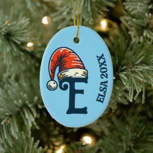 Ornamento De Cerâmica Nome da Letra Inital Personalizada e Ano Santa Hat