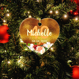 Ornamento De Cerâmica nome das flores douradas aniversário de 40 anos