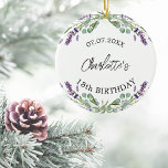 Ornamento De Cerâmica Nome das flores violetas de lavanda de aniversário<br><div class="desc">Um fundo branco decorado com flores de lavanda violeta e verde de eucalipto. Personalize e adicione seu nome e uma data. Texto preto.</div>