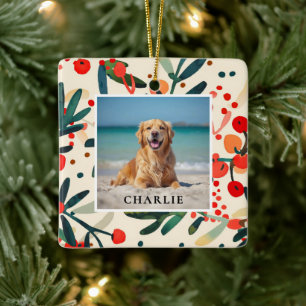 Ornamento De Cerâmica Nome de Estimação Personalizado Foto Holly Berries