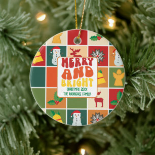 Ornamento De Cerâmica Nome de Família Colorido Retro em Negrito Natal