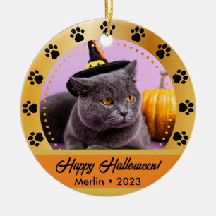 Ornamento De Cerâmica Nome de Foto do Halloween de Queda Personalizada A