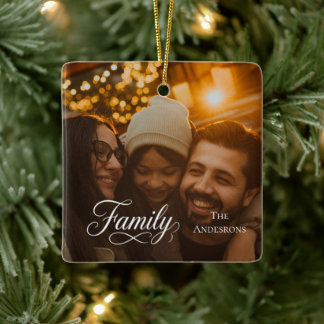 Ornamento De Cerâmica Nome de Foto Personalizado da Família com Letra Mo