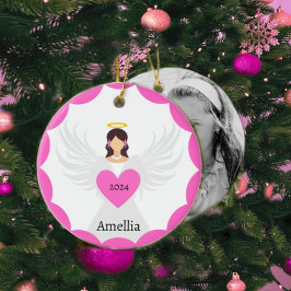 Ornamento De Cerâmica Nome de Foto Personalizado do Coração Anjo de Nata