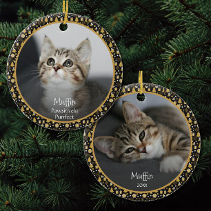 Ornamento De Cerâmica Nome de Gato Personalizado 2 Foto Natal Preto Dour