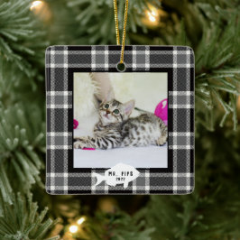 Ornamento De Cerâmica Nome de Gato Xadrez Preto e Branco Festivo 