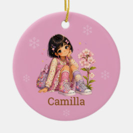 Ornamento De Cerâmica Nome de Menina de Cabelo Preto Curto Personalizado