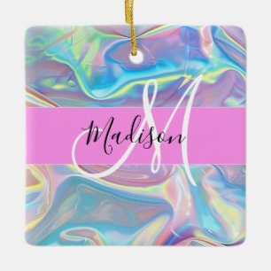Ornamento De Cerâmica Nome de Monograma Holográfico Iridescente Rosa Fem