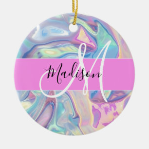 Ornamento De Cerâmica Nome de Monograma Holográfico Iridescente Rosa Fem