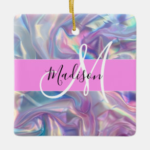 Ornamento De Cerâmica Nome de Monograma Iridescente Holográfico Rosa Fem