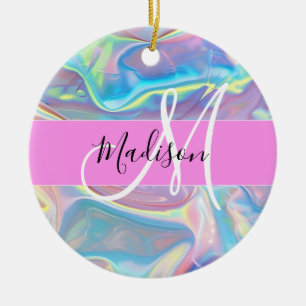 Ornamento De Cerâmica Nome de Monograma Iridescente Holográfico Rosa Fem