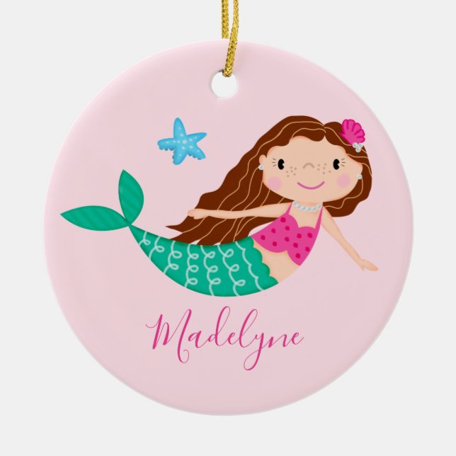 Ornamento De Cerâmica Nome de Natal Pink Mermaid Script (Frente)