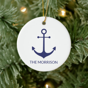 Ornamento De Cerâmica Nome do barco personalizado branco-marinho azul-â