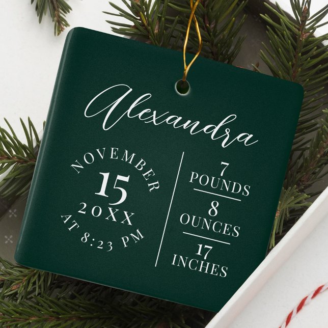 Ornamento De Cerâmica Nome do Bebê e Estado de Nascimento Foto Keepsasas (Baby Name & Birth Stats Photo Green Keepsake Ceramic Ornament)
