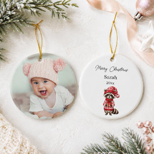 Ornamento De Cerâmica Nome do Bebê Foto de Guaxinim de Natal