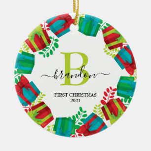 Ornamento De Cerâmica Nome do Bebê Monograma Primeiro Natal Xmas Grinald