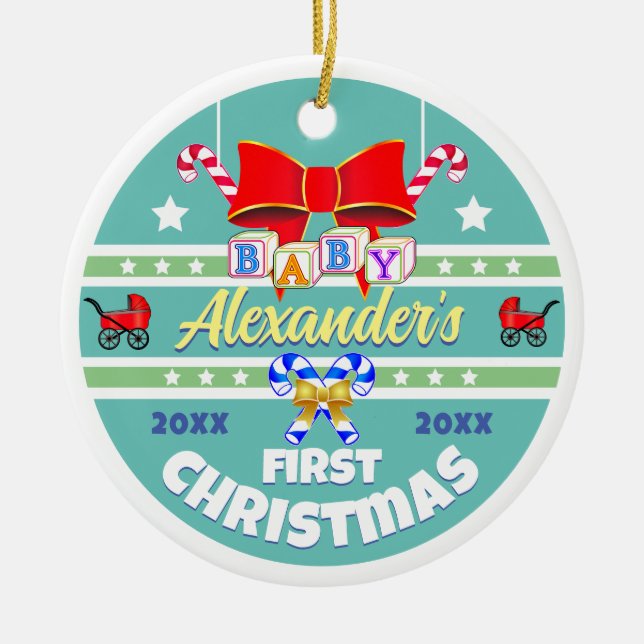 Ornamento De Cerâmica Nome do bebê Primeiro Natal Unisex (Frente)